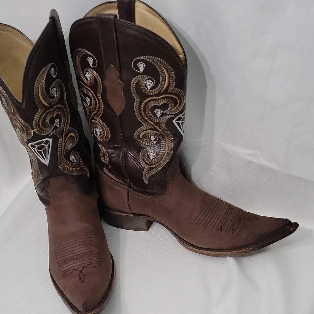 White Diamonds Brown Western Cowboy Boots with Embroidery Size 10.5